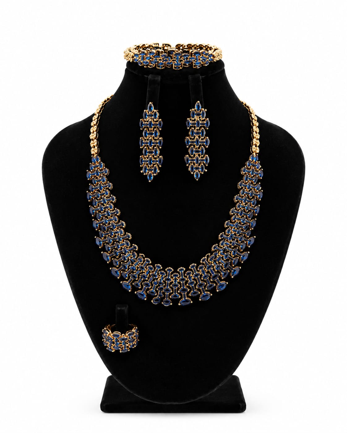 Blue sapphire crystal necklace set with matching bracelet, earrings and ring