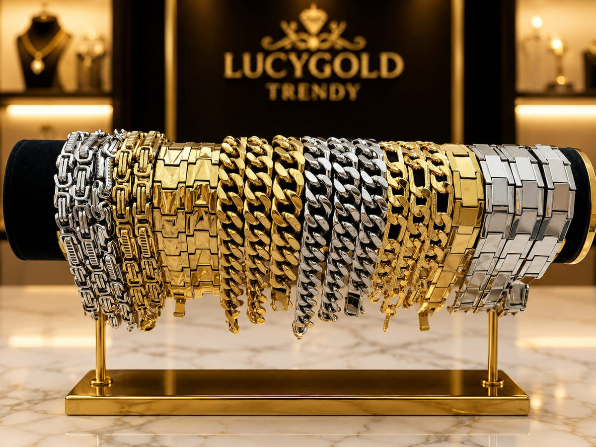 Collection of gold and silver chain bracelets in various link styles including Cuban, Byzantine and Figaro