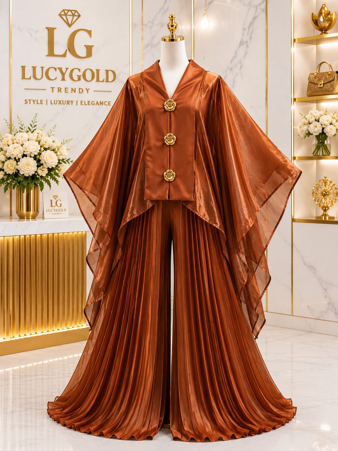 Copper shimmer cape jacket with rose buttons and pleated wide leg pants set