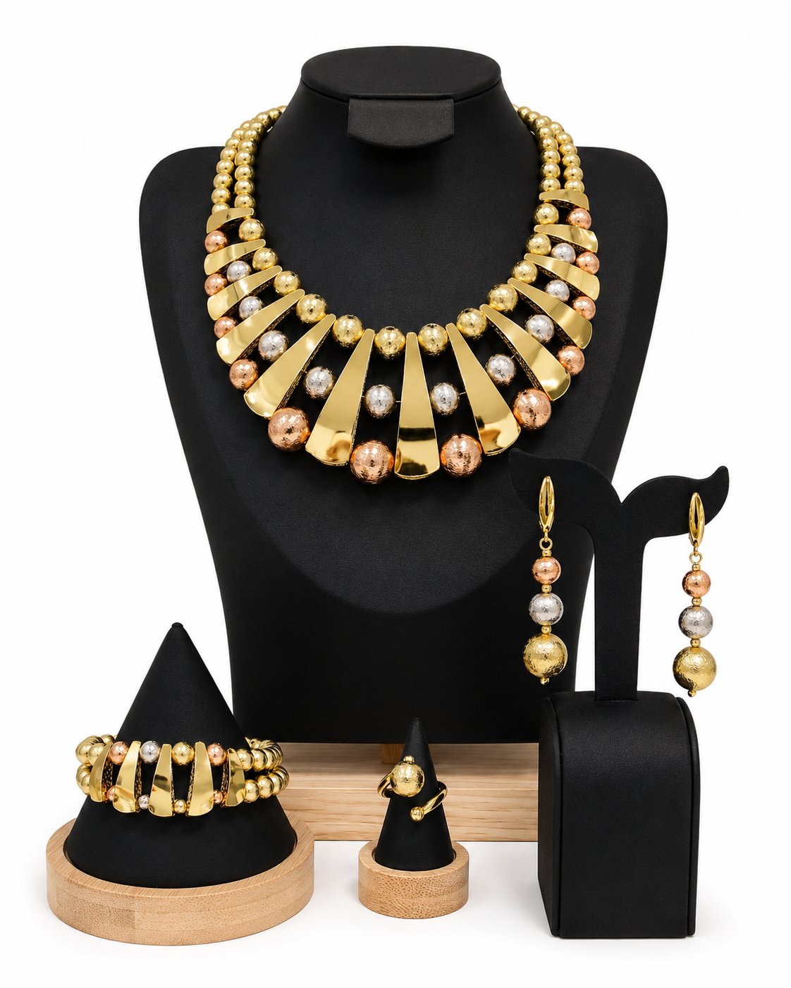Tri-tone gold silver and rose gold beaded collar necklace set with earrings, bracelet and ring