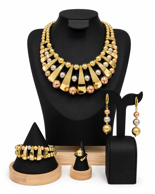 Tri-tone gold silver and rose gold beaded collar necklace set with earrings, bracelet and ring