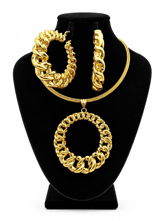 Gold Cuban link circle pendant necklace with matching hoop earrings and bracelet