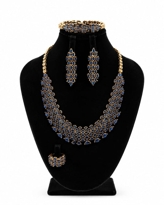 Blue sapphire crystal necklace set with matching bracelet, earrings and ring