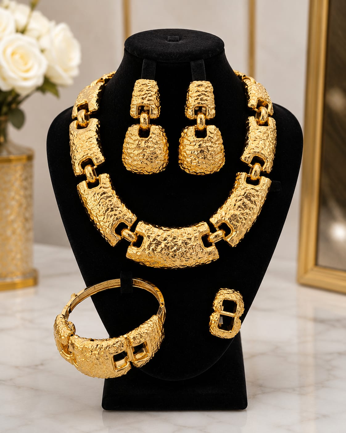 Gold textured chunky link necklace set with cuff bracelet, earrings and ring