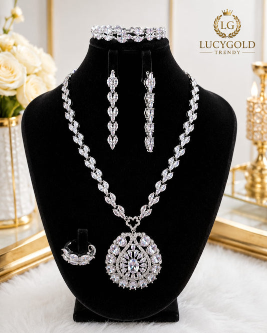 Silver marquise crystal necklace with teardrop pendant, tennis bracelet, earrings and ring