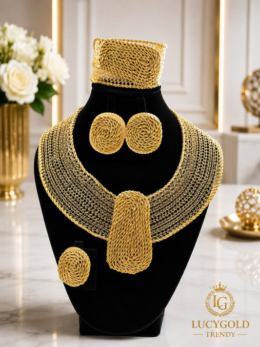 Gold woven mesh collar necklace with matching cuff bracelet and swirl earrings