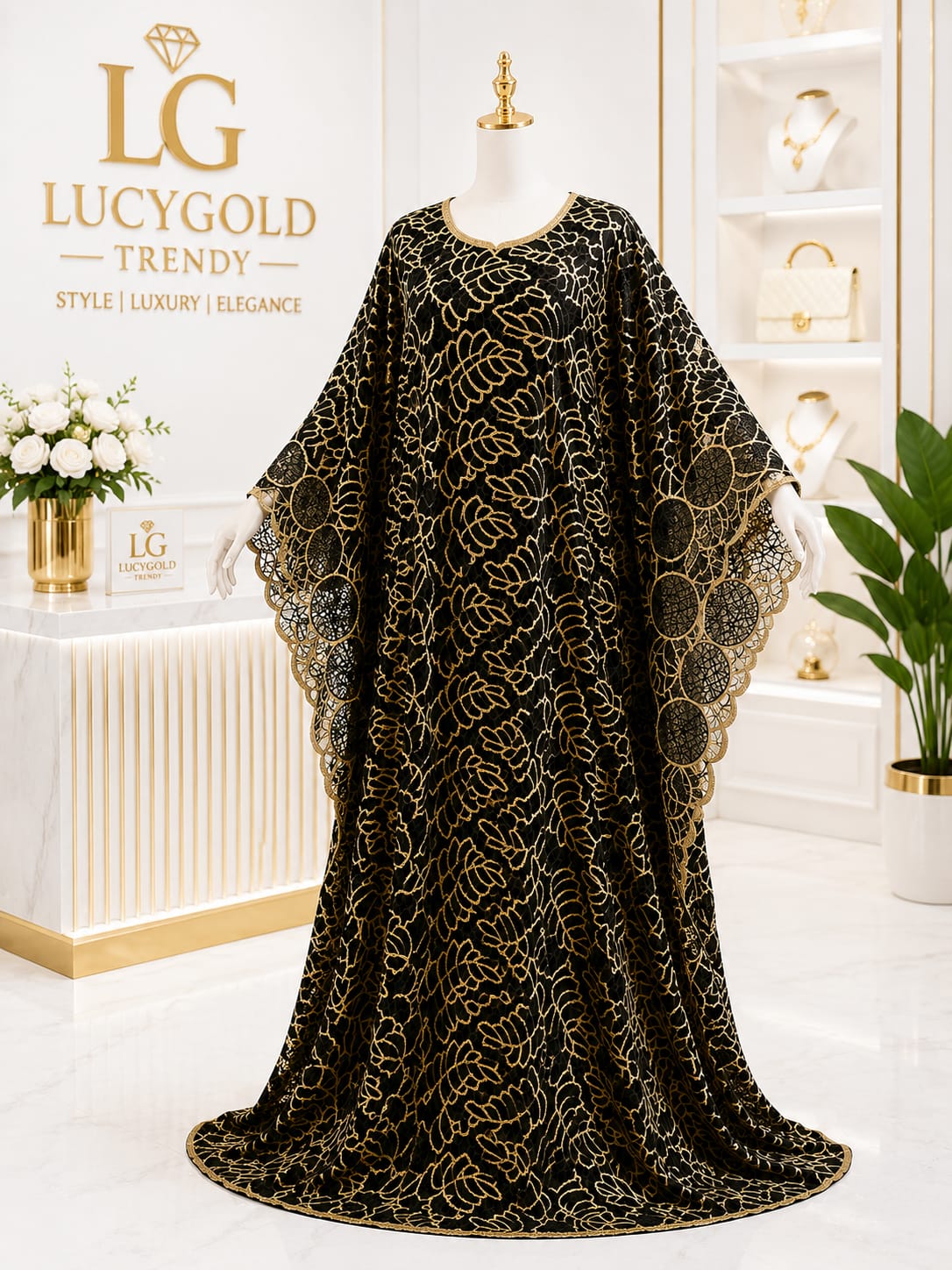 Black kaftan with gold floral embroidery and scalloped lace sleeve trim