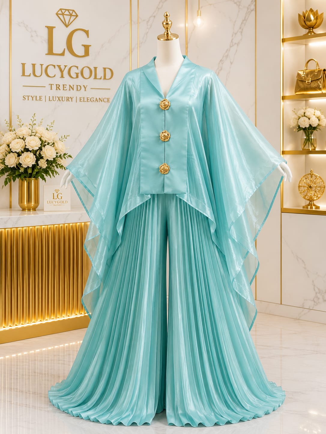 Seafoam green shimmer cape jacket with rose buttons and pleated wide leg pants set