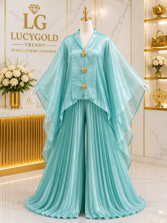 Seafoam green shimmer cape jacket with rose buttons and pleated wide leg pants set