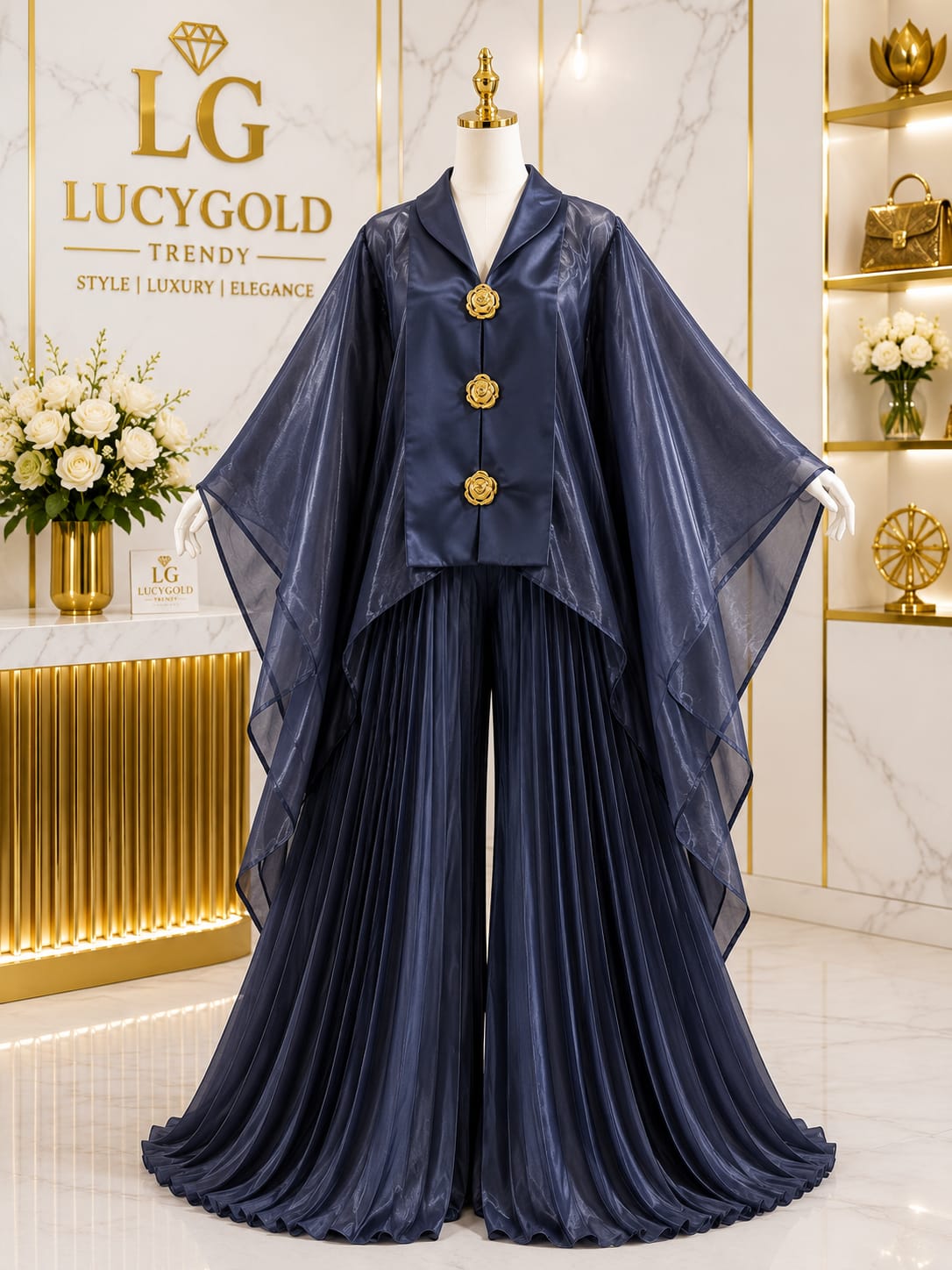 Navy blue shimmer cape jacket with rose buttons and pleated wide leg pants set
