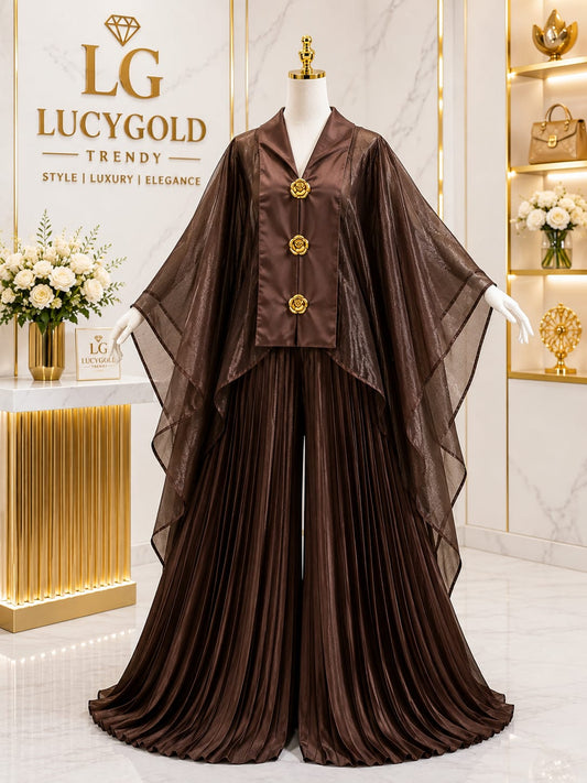 Chocolate brown shimmer cape jacket with rose buttons and pleated wide leg pants set