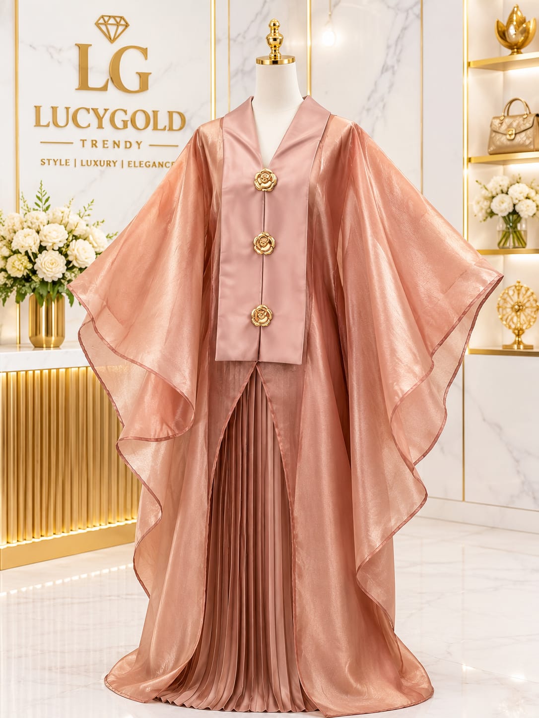 Blush pink shimmer cape jacket with rose buttons and pleated maxi skirt set