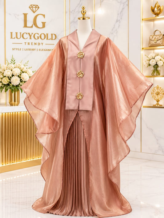 Blush pink shimmer cape jacket with rose buttons and pleated maxi skirt set