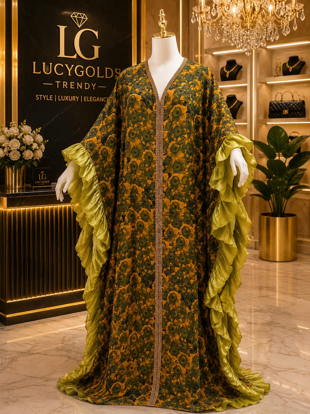 Olive and mustard floral print kaftan with chartreuse ruffle sleeves