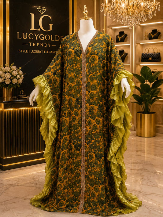 Olive and mustard floral print kaftan with chartreuse ruffle sleeves