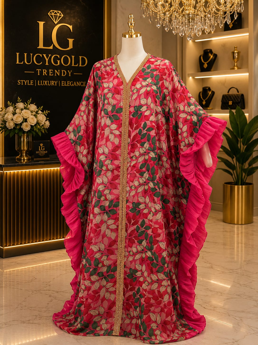 Pink and green botanical print kaftan with cascading ruffle sleeves
