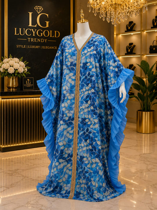 Blue leaf print kaftan with cascading ruffle sleeves and beaded gold trim