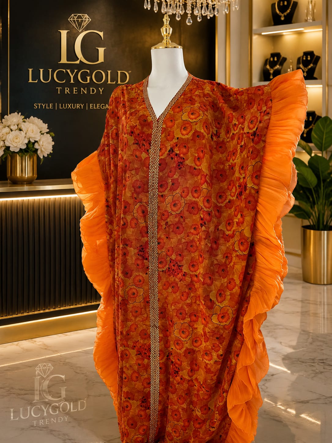 Orange poppy floral print kaftan with cascading side ruffles and beaded trim