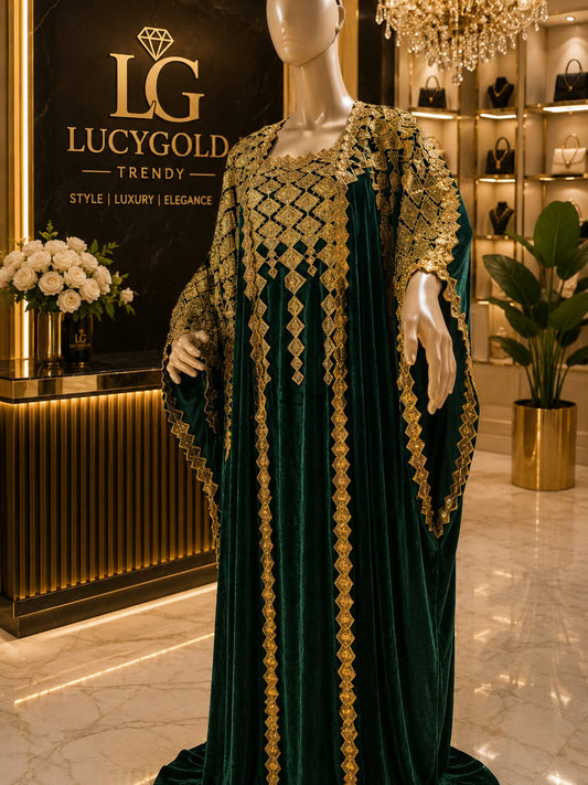 Emerald green velvet kaftan with gold diamond embroidery