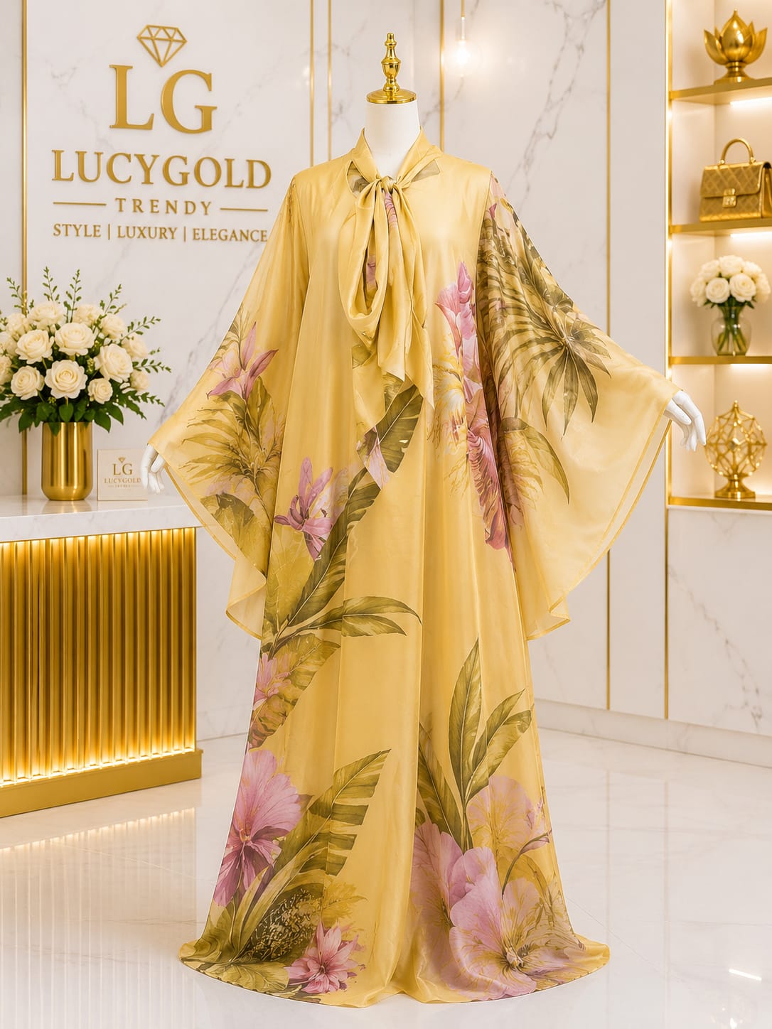 Yellow tropical floral tie-neck kaftan with wide draped sleeves