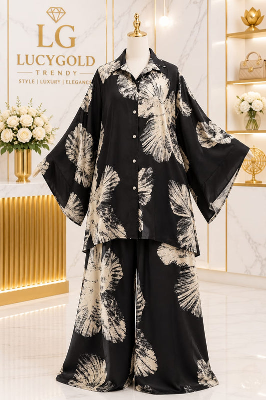 Black and ivory floral print oversized shirt and wide leg pants co-ord set