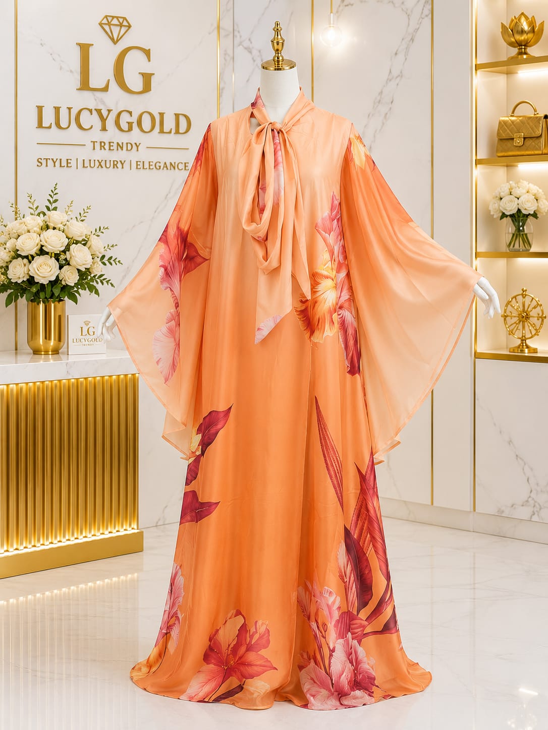 Peach floral tie-neck kaftan with wide draped sleeves