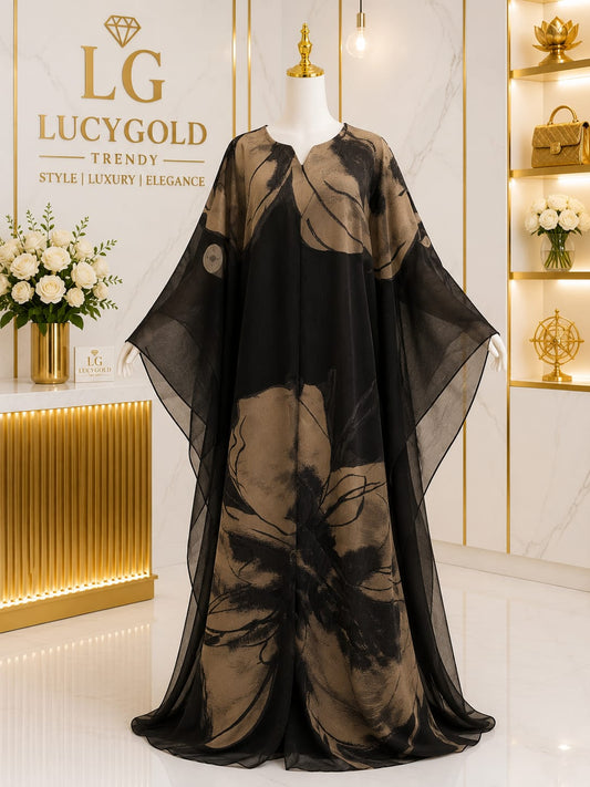 Black and gold floral print oversized kaftan with sheer flowing sleeves